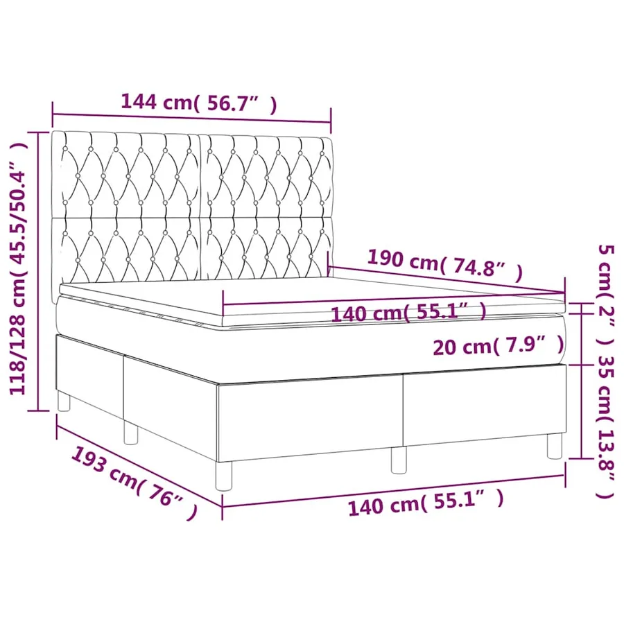 Sommier à lattes de lit et matelas et LED Noir 140x190 cm Tissu - 8