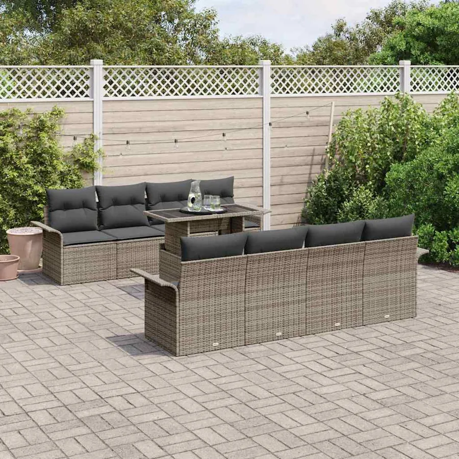 Ensemble de canapé de jardin 9 pcs Gris Poly Rattan