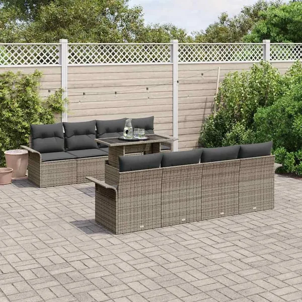 Ensemble de canapé de jardin 9 pcs Gris Poly Rattan