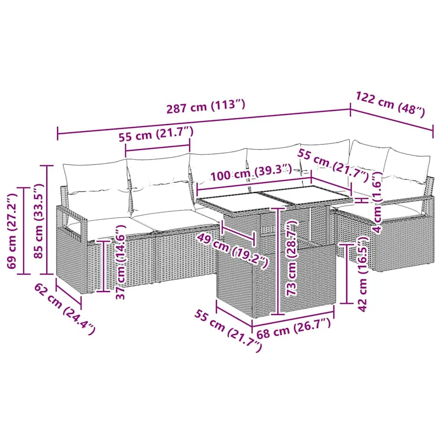 Ensemble de canapé de jardin 7 pcs Marron Poly rotin - 15