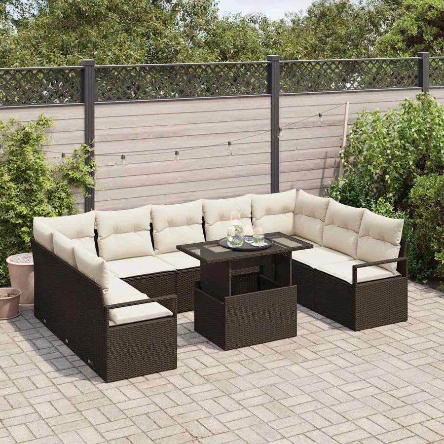 Ensemble de canapé de jardin 10 pcs Marron Poly rotin - 3