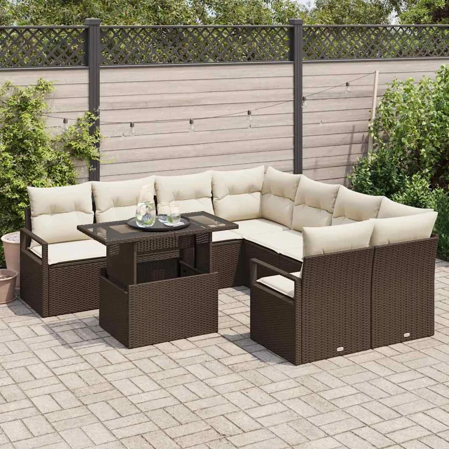 Ensemble de canapé de jardin 9 pcs Marron Poly rotin - 3