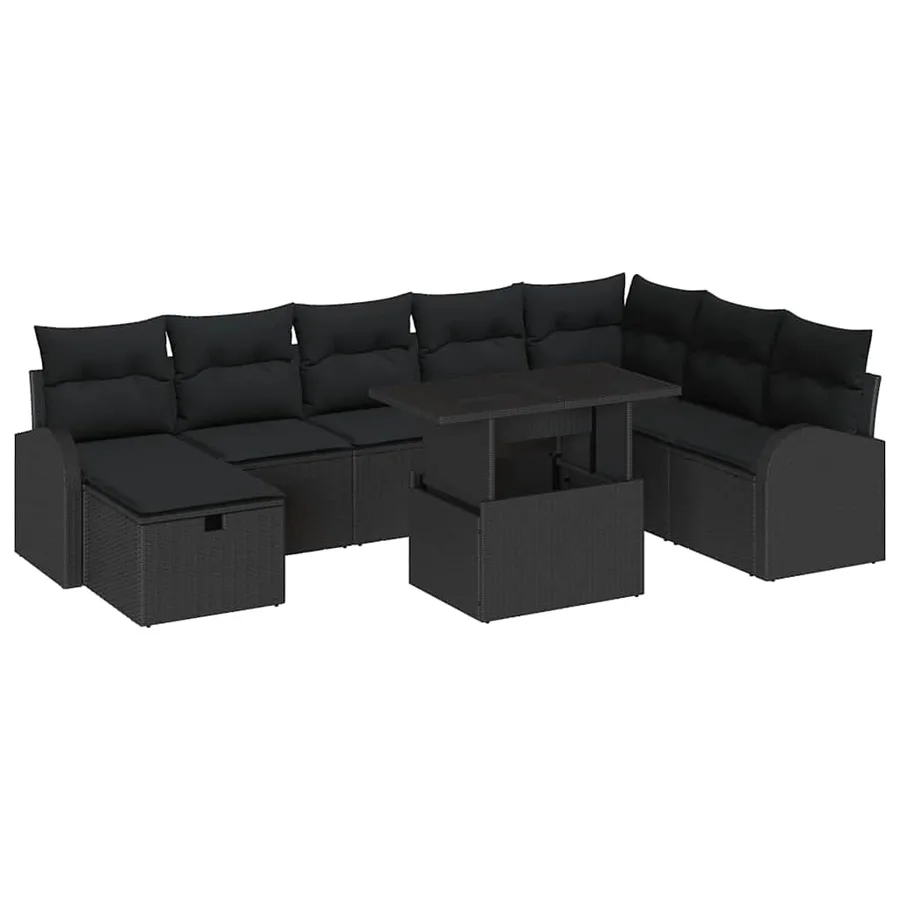 Ensemble de canapé de jardin avec coussin 9 pcs Noir Poly rotin - 2