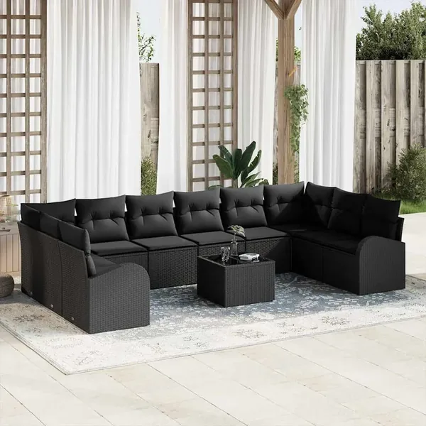 Ensemble de Canapés avec coussin 11 pcs Noir Polyrotin