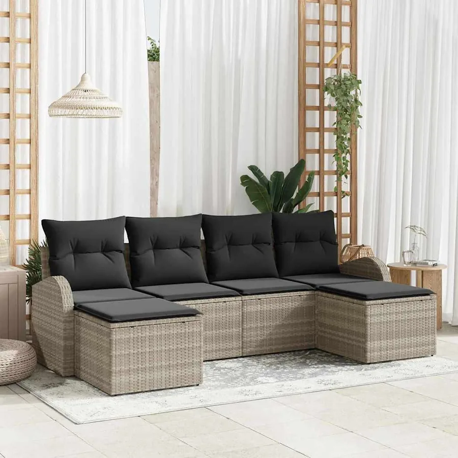 Ensemble de Canapés avec coussin 6 pcs Gris clair polyrotin