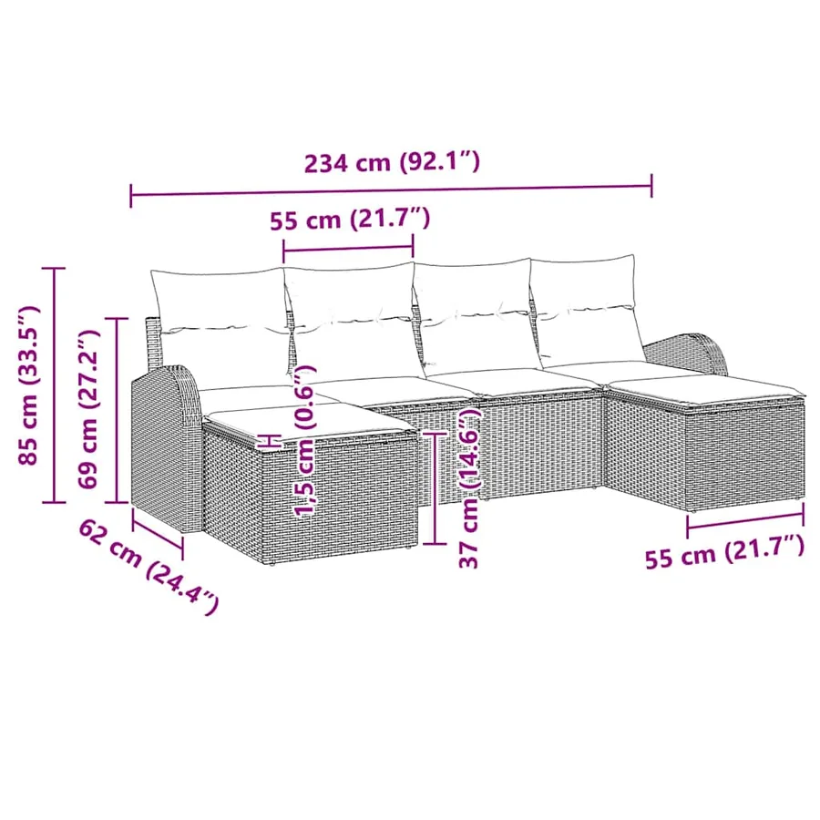 Ensemble de Canapés avec coussin 6 pcs Gris clair polyrotin - 15