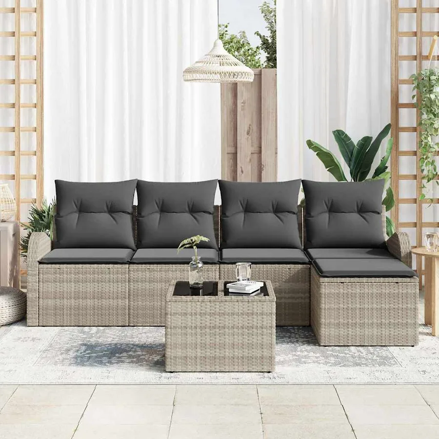 Ensemble de Canapés avec coussin 6 pcs Gris clair polyrotin - 3