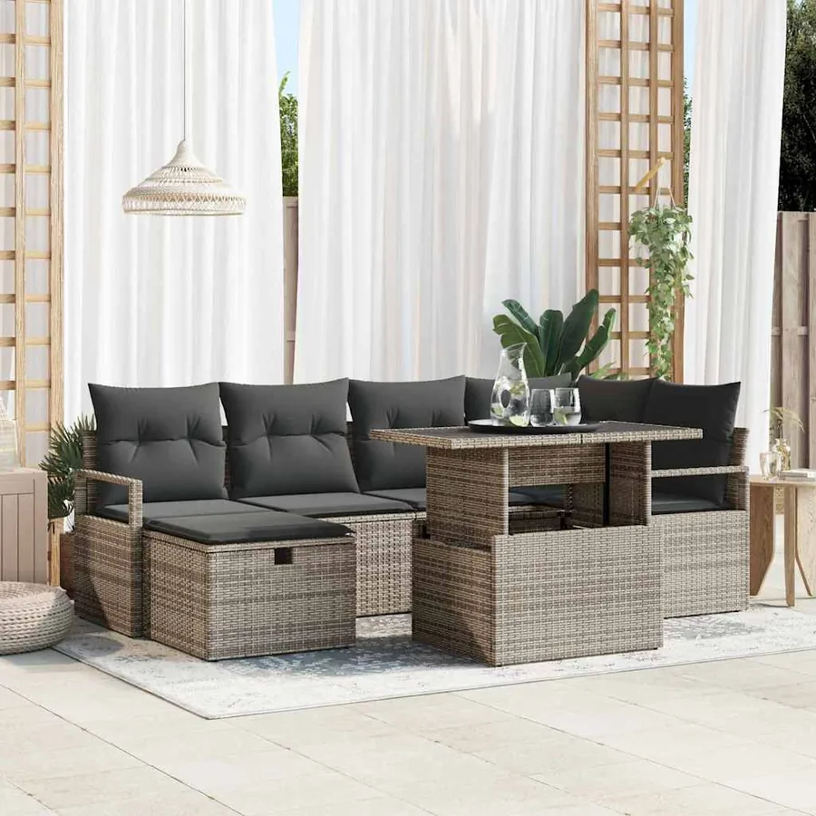 Ensemble de canapé de jardin avec coussin 7 pcs Gris Poly rotin