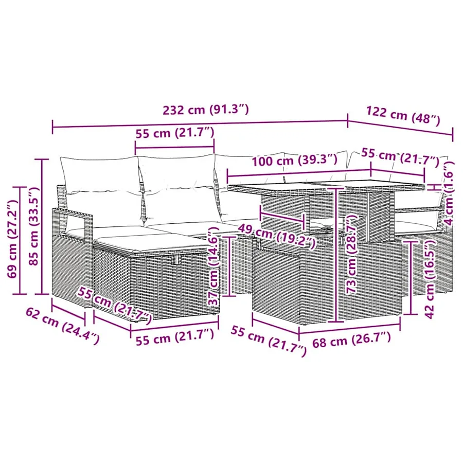 Ensemble de canapé de jardin avec coussin 7 pcs Gris Poly rotin - 13