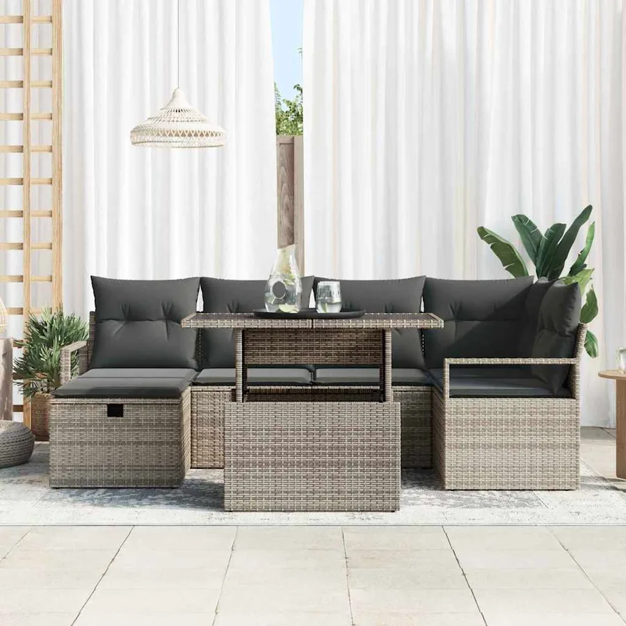 Ensemble de canapé de jardin avec coussin 7 pcs Gris Poly rotin - 3
