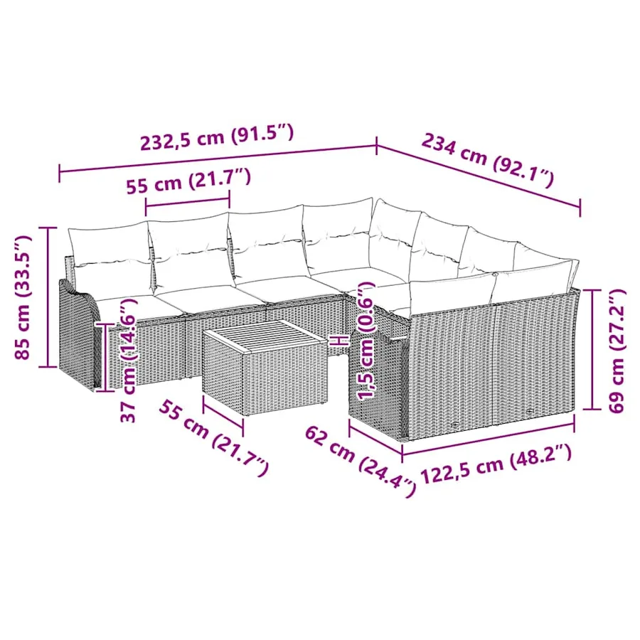 Ensemble de canapé de jardin avec coussin 9 pcs Noir polyrotin - 9