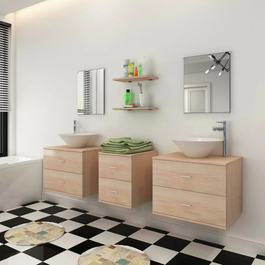 Meuble de salle de bain 9 pcs avec lavabo et robinet Beige - 3