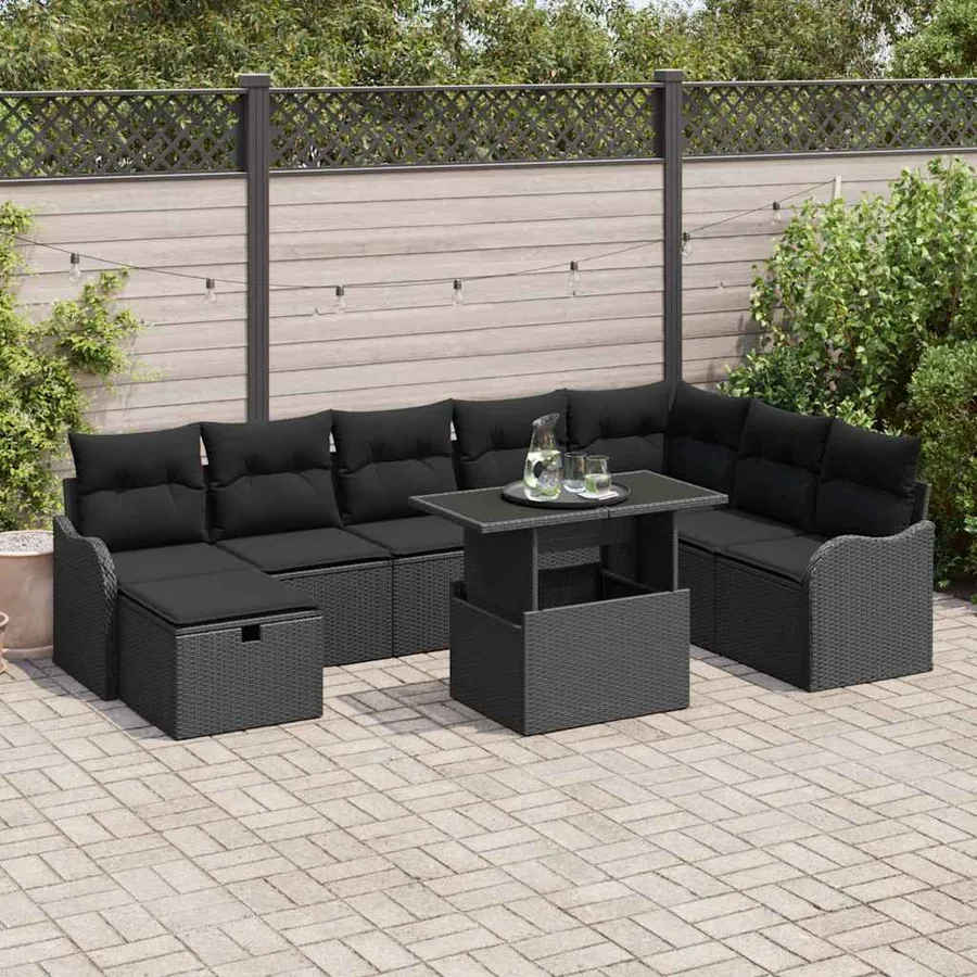 Ensemble de canapé de jardin avec coussin 9 pcs Noir Poly rotin
