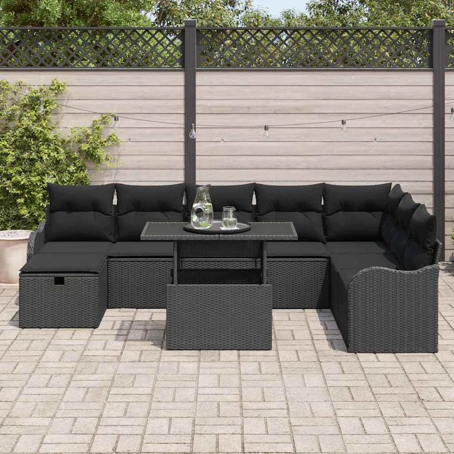 Ensemble de canapé de jardin avec coussin 9 pcs Noir Poly rotin - 3