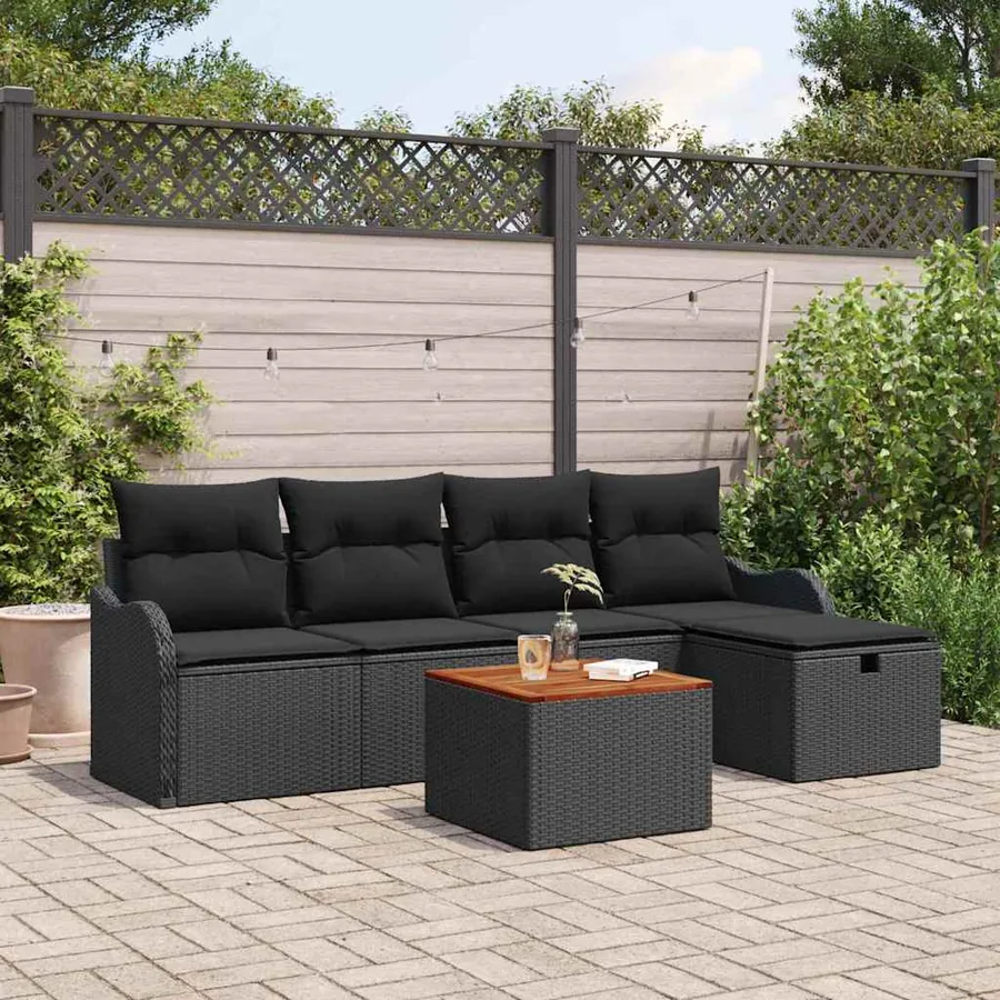 Ensemble de canapé de jardin avec coussin 6 pcs Noir polyrotin