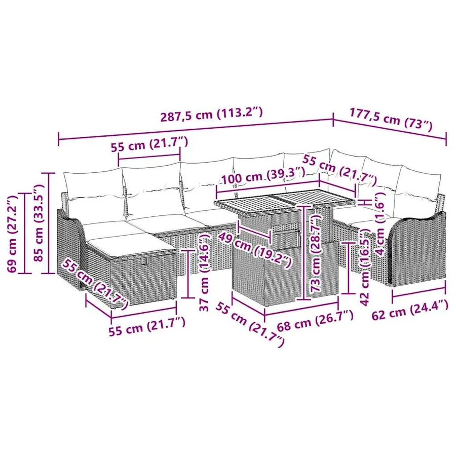 Ensemble de canapé de jardin avec coussin 9 pcs Noir polyrotin - 13