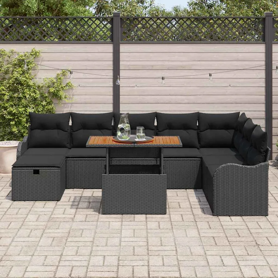 Ensemble de canapé de jardin avec coussin 9 pcs Noir polyrotin - 3