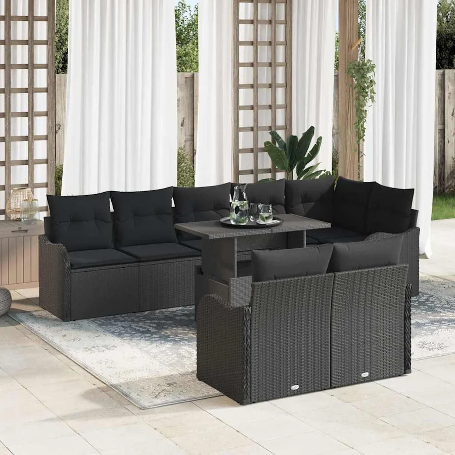 Ensemble salon avec coussin 9 pcs Noir Poly rotin