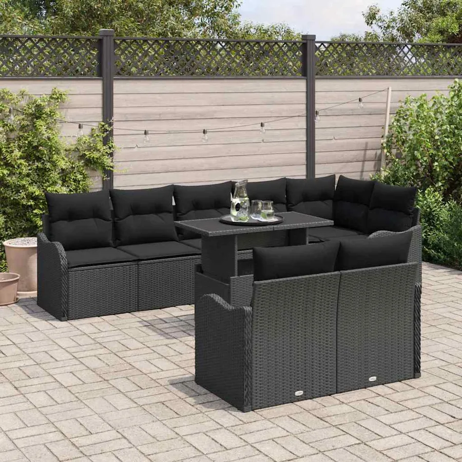 Ensemble salon avec coussin 9 pcs Noir Poly rotin - 3