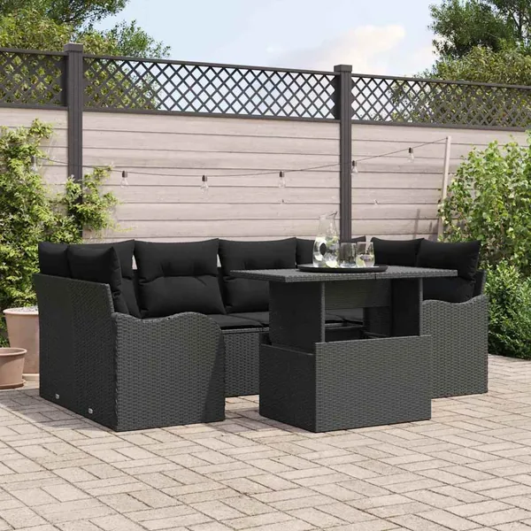 Ensemble de canapé de jardin avec coussin 7 pcs Noir Poly rotin