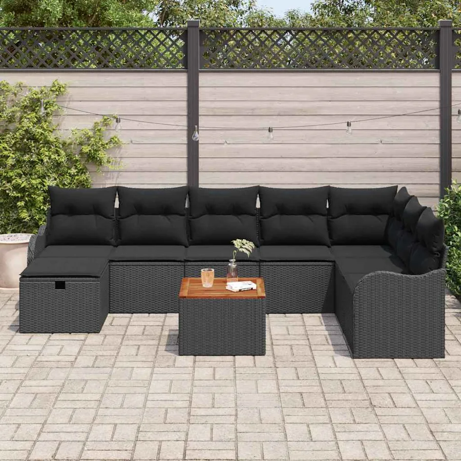 Ensemble de canapé de jardin avec coussin 9 pcs Noir polyrotin - 3