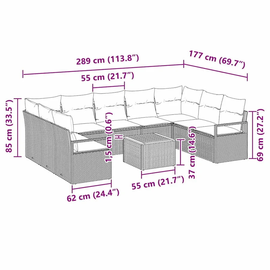 Ensemble de canapé de jardin avec coussin 10 pcs Noir polyrotin - 9