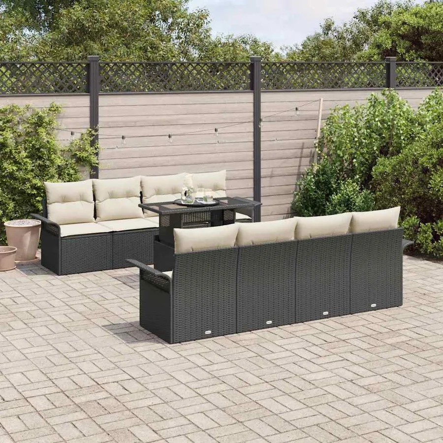 Ensemble de canapé de jardin avec coussin 9 pcs Noir Poly rotin