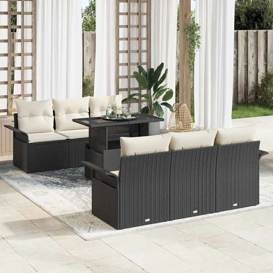 Ensemble de canapé de jardin avec coussin 7 pcs Noir polyrotin