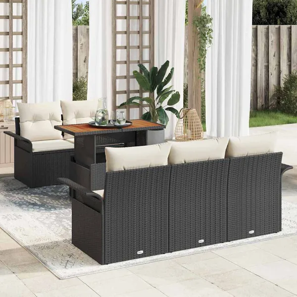 Ensemble de canapé de jardin 6 pcs Noir et Crème polyrotin