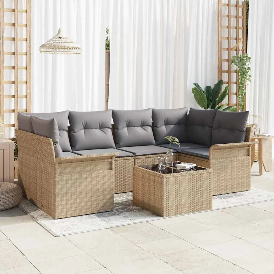 Ensemble de canapé de jardin 7 pcs Beige et gris polyrotin