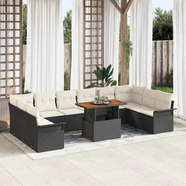 Ensemble de canapé de jardin 11 pcs Noir et Crème polyrotin