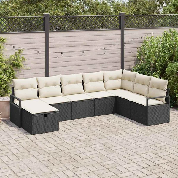 Ensemble de Canapés avec coussin 8 pcs Noir et Crème polyrotin
