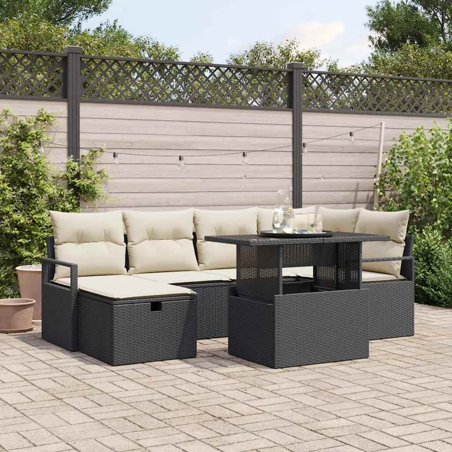 Ensemble de canapé de jardin avec coussin 7 pcs Noir Poly rotin