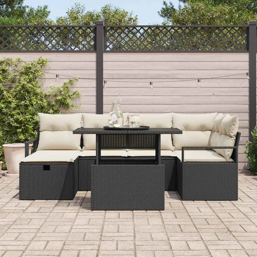 Ensemble de canapé de jardin avec coussin 7 pcs Noir Poly rotin - 3