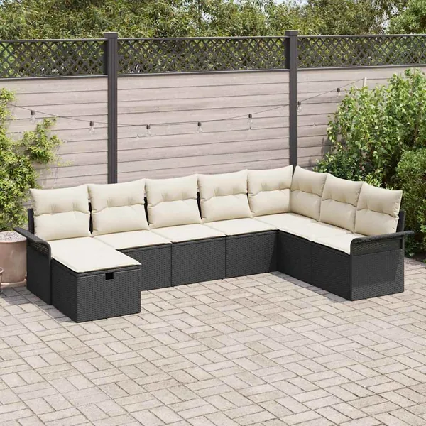 Ensemble de canapé de jardin 8 pcs Noir et Crème polyrotin