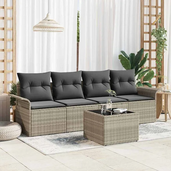 Ensemble de Canapés avec coussin 5 pcs Gris clair polyrotin