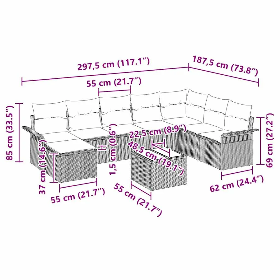 Ensemble de canapé de jardin 9 pcs Gris clair Poly rotin - 15