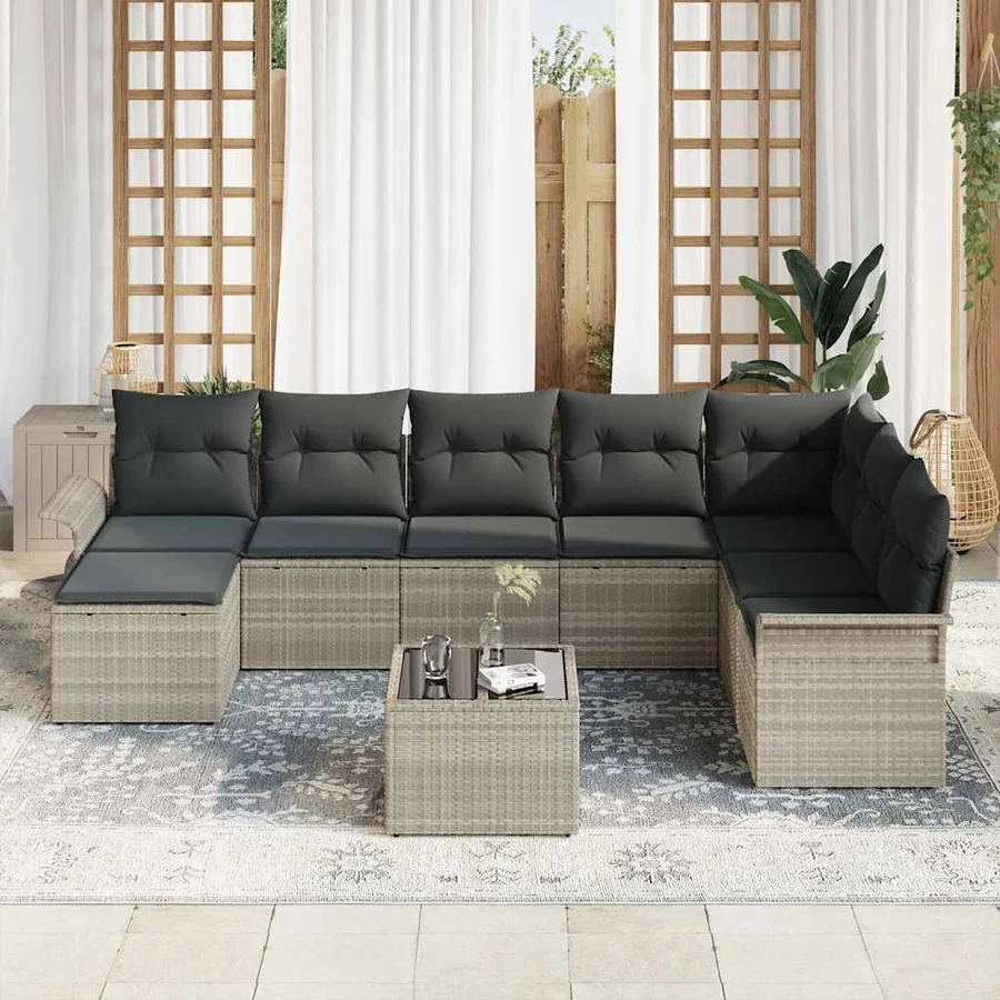 Ensemble de canapé de jardin 9 pcs Gris clair Poly rotin - 3