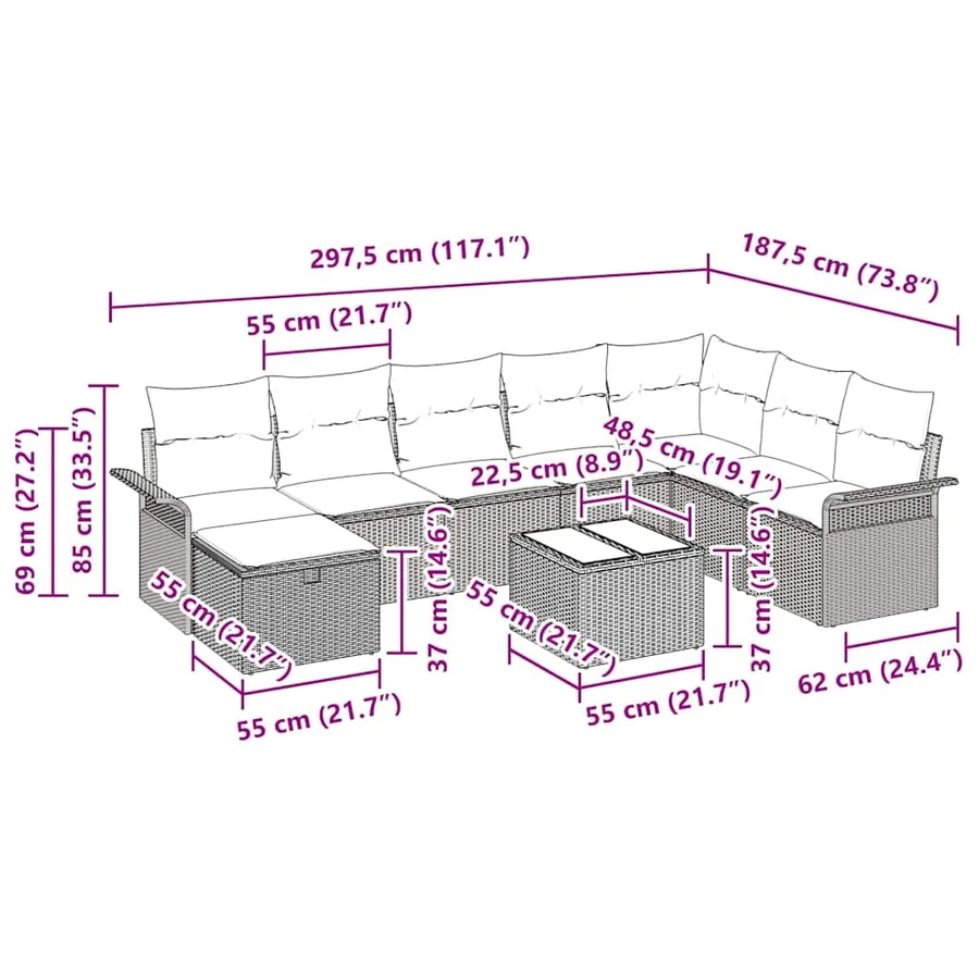 Ensemble de canapé de jardin 9 pcs Gris clair Poly rotin - 15