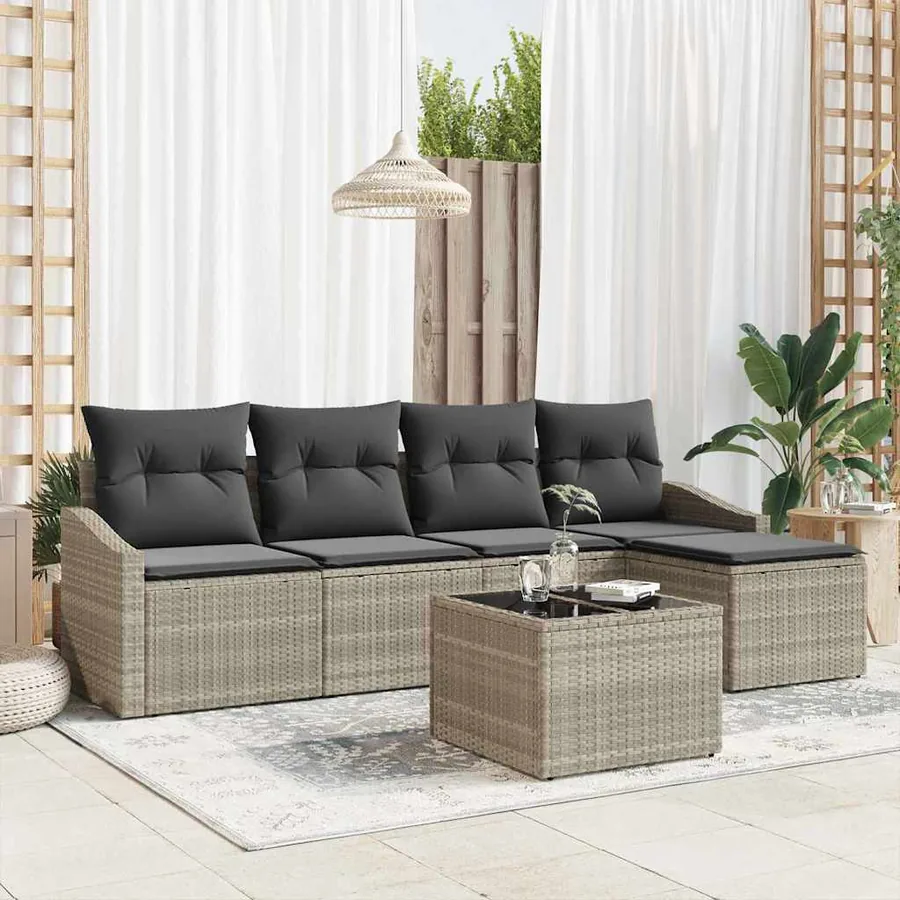 Ensemble de Canapés avec coussin 6 pcs Gris clair polyrotin