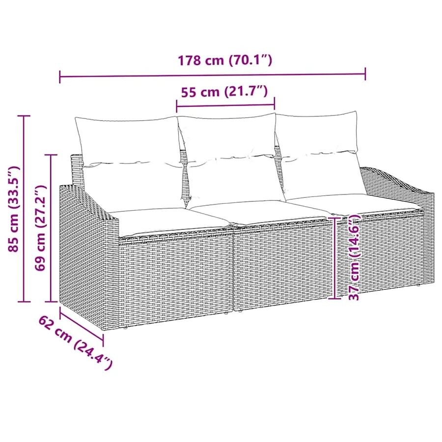 Ensemble de Canapés avec coussin 3 pcs Gris clair polyrotin - 7
