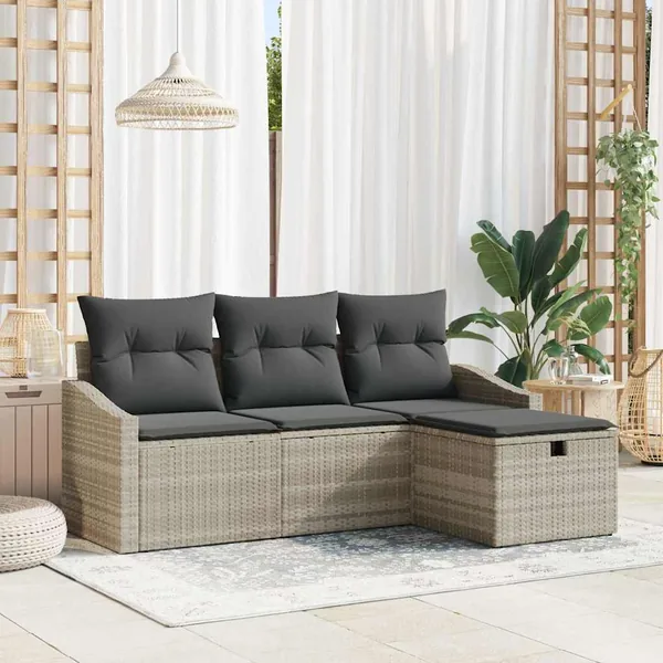 Ensemble de Canapés avec coussin 4 pcs Gris clair polyrotin
