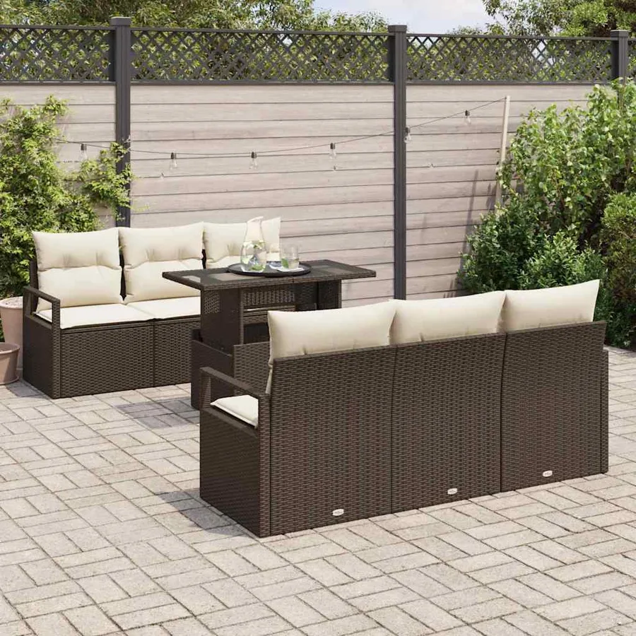 Ensemble de canapé de jardin 7 pcs Marron et Crème polyrotin - 3
