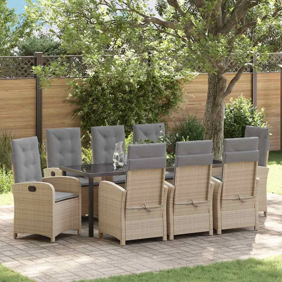Ensemble de salle à manger pour jardin 9 pcs Beige polyrotin