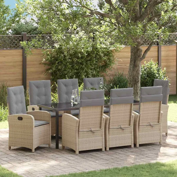 Ensemble de salle à manger pour jardin 9 pcs Beige polyrotin