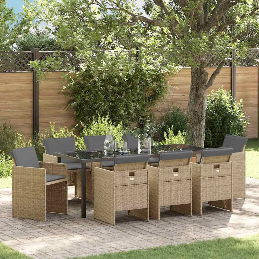 Ensemble de salle à manger pour jardin 9 pcs Beige polyrotin