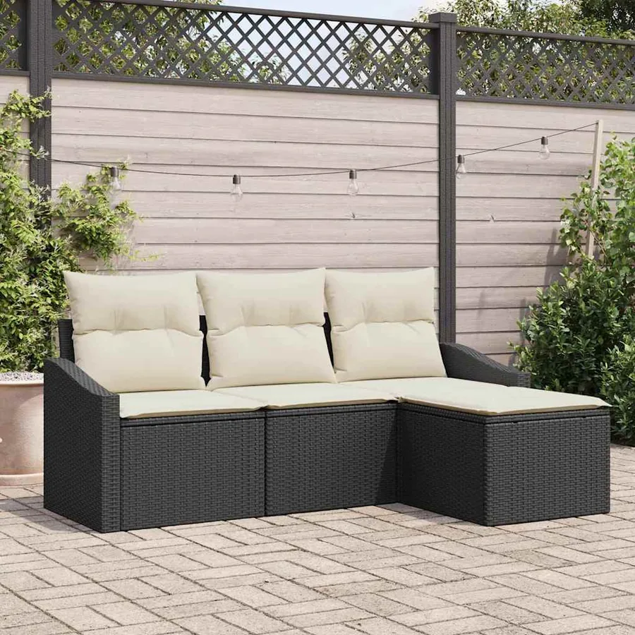 Ensemble de Canapés avec coussin 4 pcs Noir polyrotin