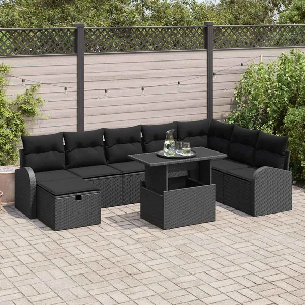 Ensemble de canapé de jardin avec coussin 9 pcs Noir Poly rotin