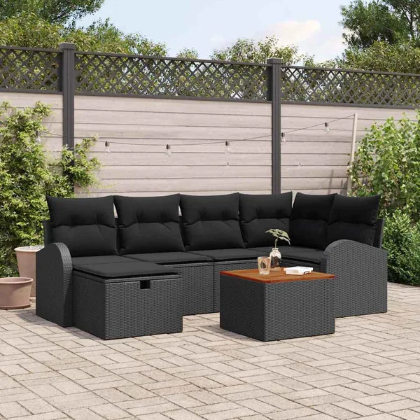 Ensemble de canapé de jardin avec coussin 7 pcs Noir Poly rotin