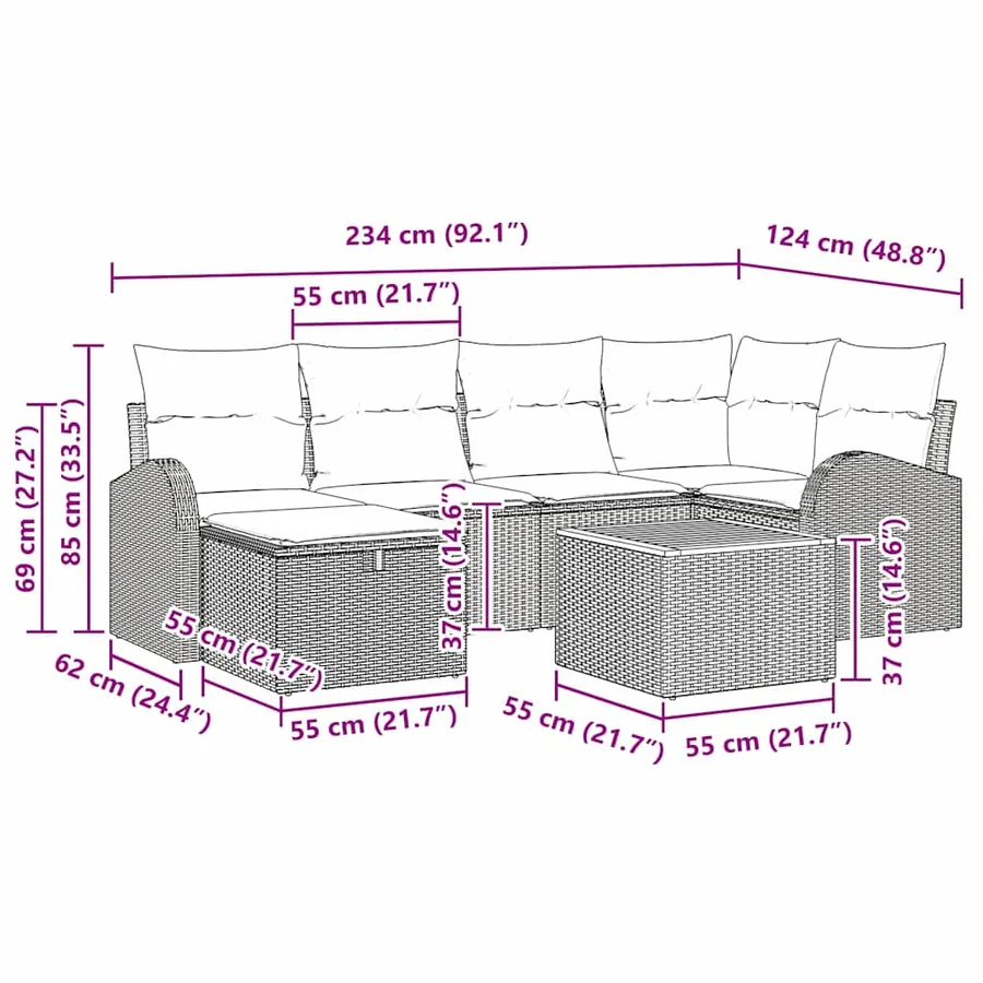 Ensemble de canapé de jardin avec coussin 7 pcs Noir Poly rotin - 15